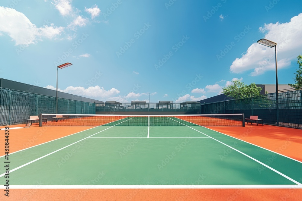 Fototapeta premium Bright tennis court under clear blue sky with vibrant surfaces and ample lighting