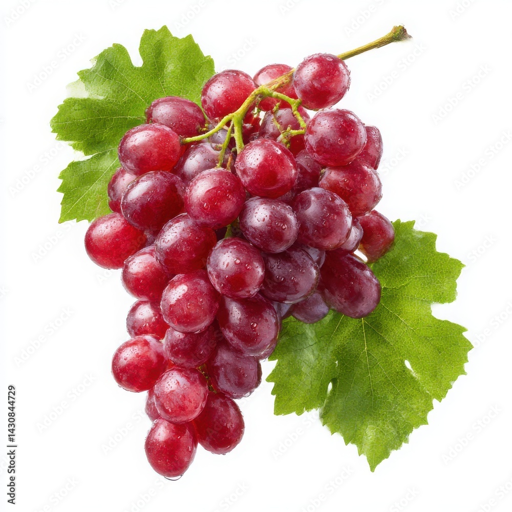 Fototapeta premium Red grapes with leaves isolated on white background