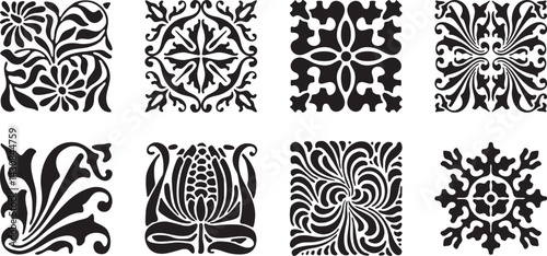 Set of square shaped ornamental elements. Vintage style. Isolated on white background.