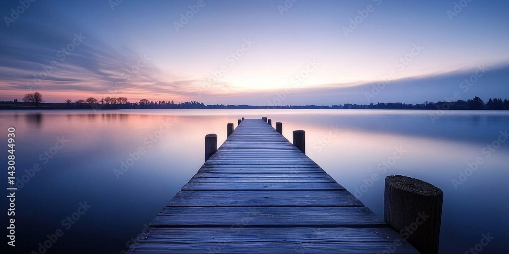 Naklejka premium Peaceful lakeside landscape featuring a wooden dock