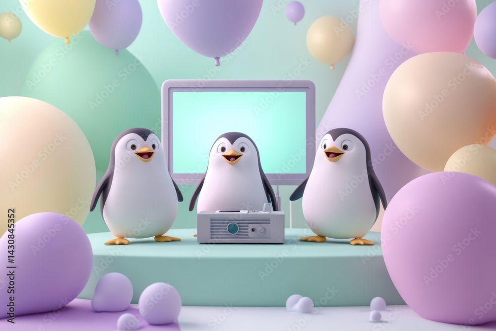 Obraz premium Three cute penguins enjoying a presentation with pastel balloons and a projector.