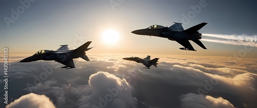 Stealthy military jets swooping low above thick cloud cover in vivid early morning light panorama