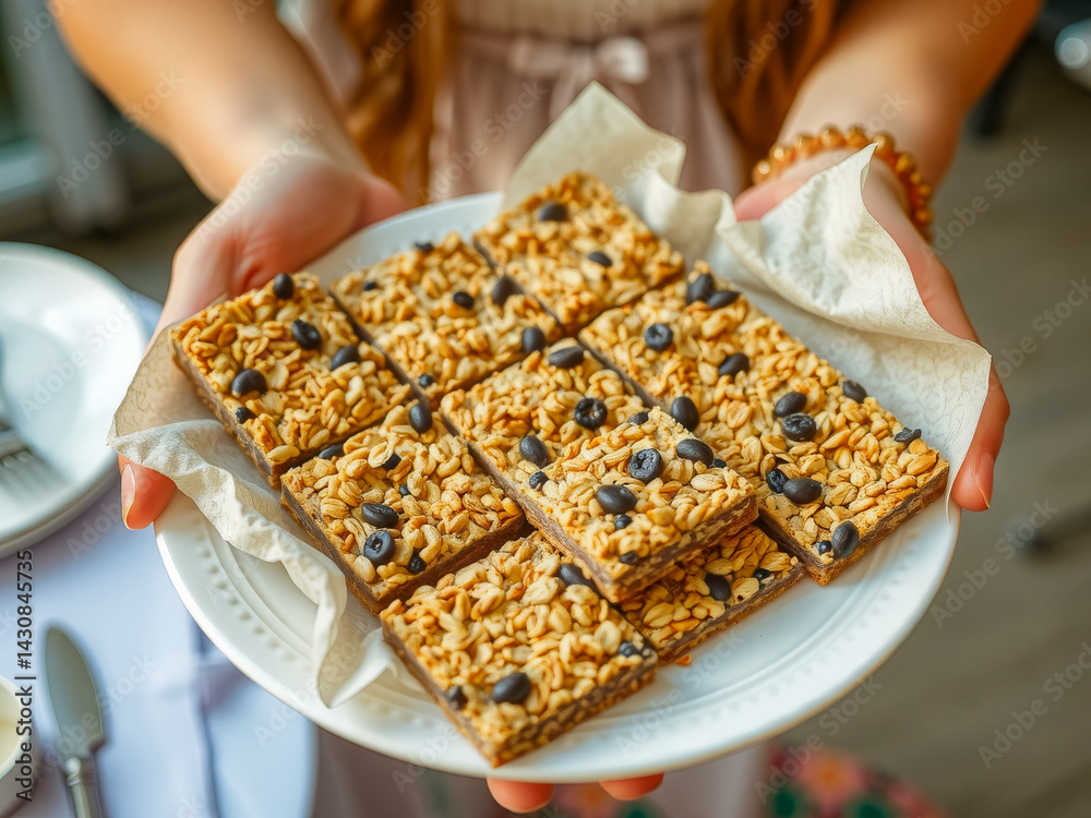 A person is holding a plate of granola bars. The bars are in a square shape and are covered in nuts and chocolate chips