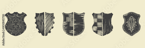 Vintage Shield Designs Silhouette Set. Medieval Heraldry And Armor Emblems Isolated Vector Illustration Collection