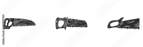 Hand Saw Tools Silhouette Set. Carpentry And Woodworking Equipment Isolated Vector Illustration Collection