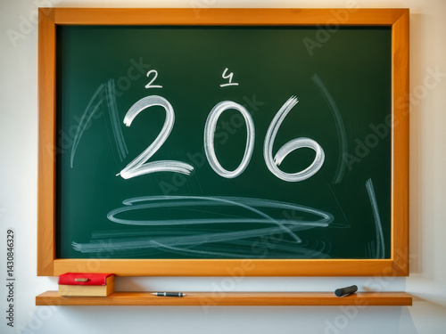 A chalkboard with the numbers 206 written on it. The chalkboard is green and wooden