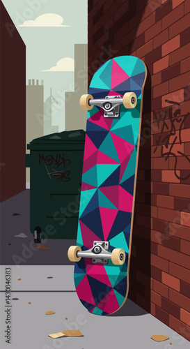 Colorful Skateboard Resting Against Brick Wall in Urban Alleyway Scene
