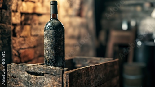 Aged wine bottle on old wooden crate in cellar, dim warm light, earthy tones, textured wood, and historic atmosphere, close-up with soft shadows.