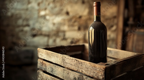 Aged wine bottle on old wooden crate in cellar, dim warm light, earthy tones, textured wood, and historic atmosphere, close-up with soft shadows.