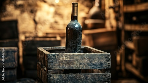 Aged wine bottle on old wooden crate in cellar, dim warm light, earthy tones, textured wood, and historic atmosphere, close-up with soft shadows.