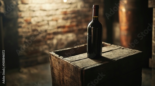 Aged wine bottle on old wooden crate in cellar, dim warm light, earthy tones, textured wood, and historic atmosphere, close-up with soft shadows.