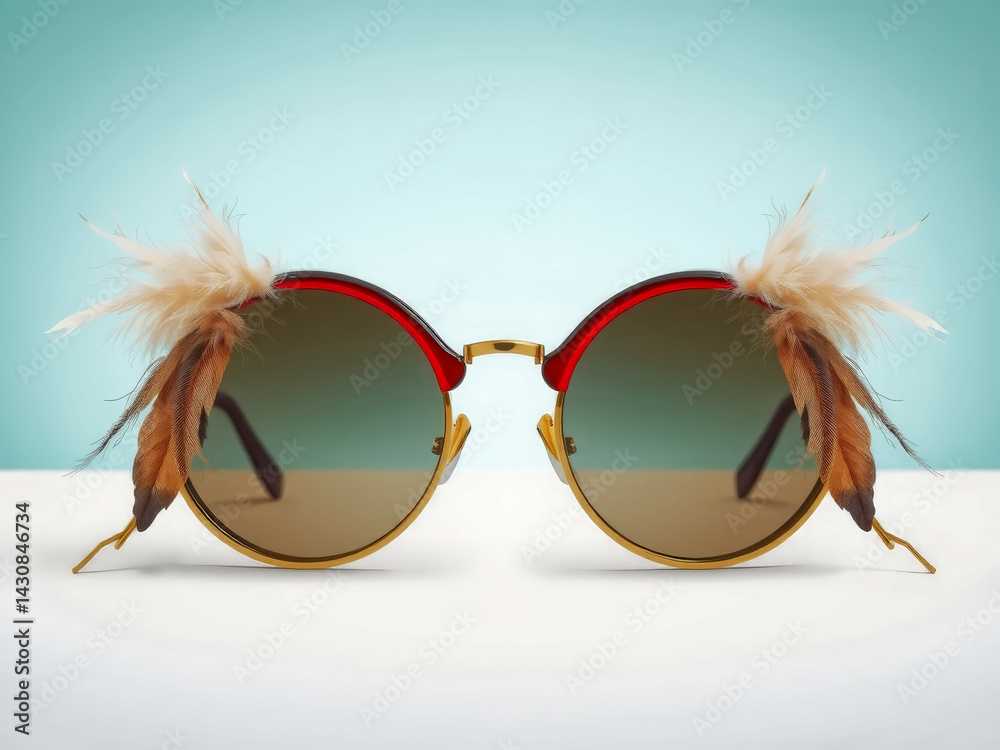 A pair of sunglasses with feathers on the side. The sunglasses are gold and brown