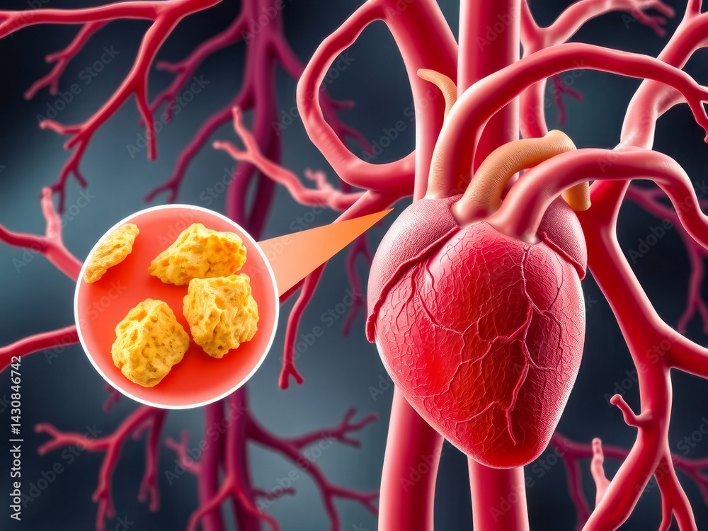A close up of a heart with a red vein and a white blob in the middle. The heart is surrounded by a red vein, which is the main focus of the image