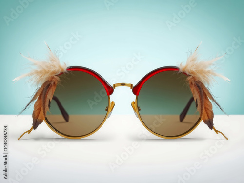 A pair of sunglasses with feathers on the side. The sunglasses are gold and brown