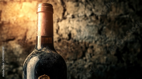 Aged wine bottle with wax seal in dark cellar, moody spotlight, deep shadows, textured stone walls, and historic atmosphere, macro close-up.