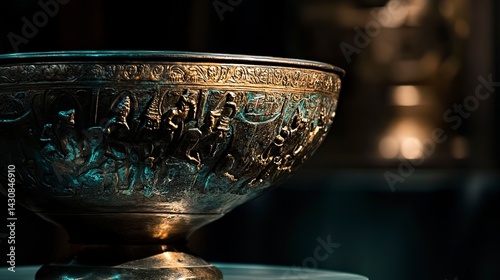 Ancient bronze bowl with carvings on museum pedestal, focused spotlight, dark background, historic atmosphere, and polished surface, close-up detail shot.