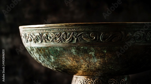 Ancient bronze bowl with carvings on museum pedestal, focused spotlight, dark background, historic atmosphere, and polished surface, close-up detail shot.
