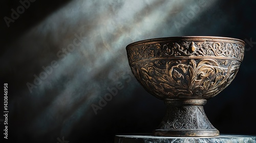 Ancient bronze bowl with carvings on museum pedestal, focused spotlight, dark background, historic atmosphere, and polished surface, close-up detail shot.