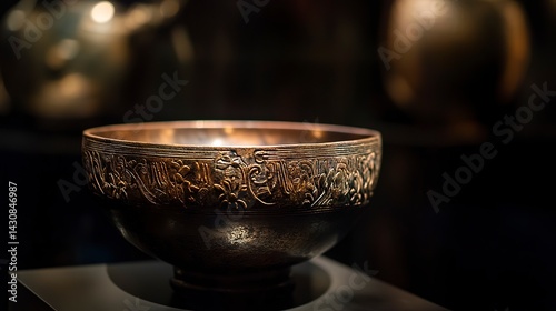 Ancient bronze bowl with carvings on museum pedestal, focused spotlight, dark background, historic atmosphere, and polished surface, close-up detail shot.