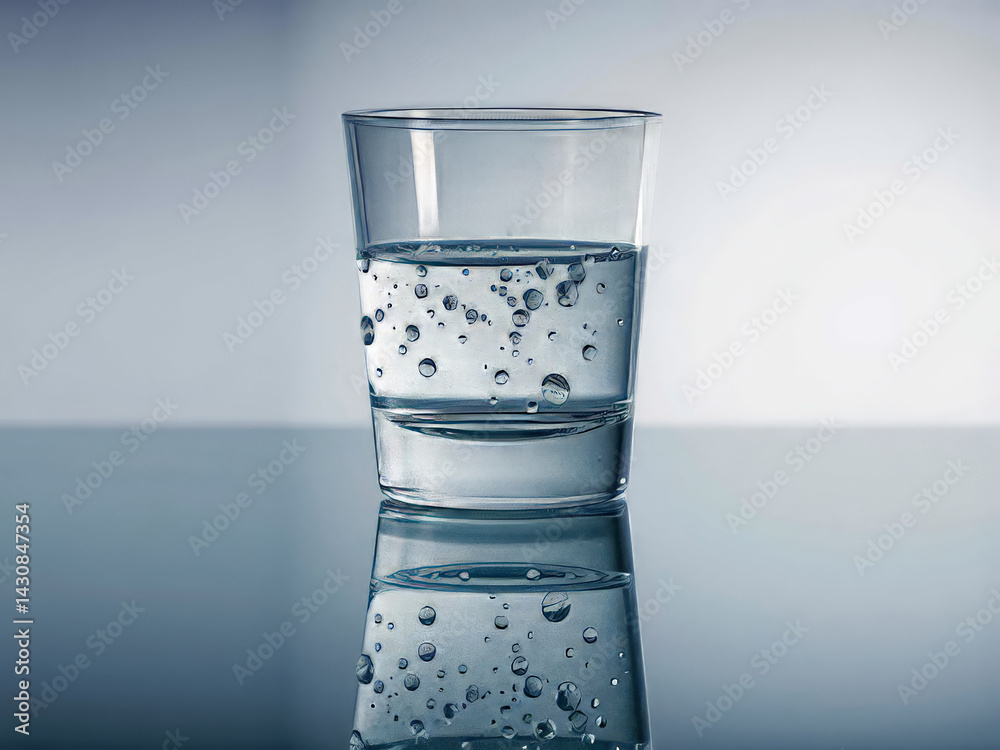 A glass of water with a few droplets on the side. The water is clear and the droplets are small