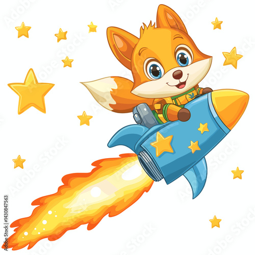 Cartoon vector illustration of a fox pilot drifting beside a glowing comet tail on white background