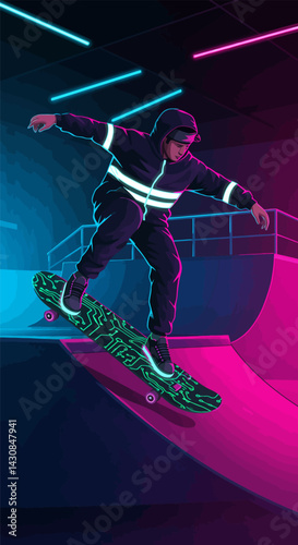 Skateboarding in Neon Lights Person Performing Stunt on Skateboard Ramp