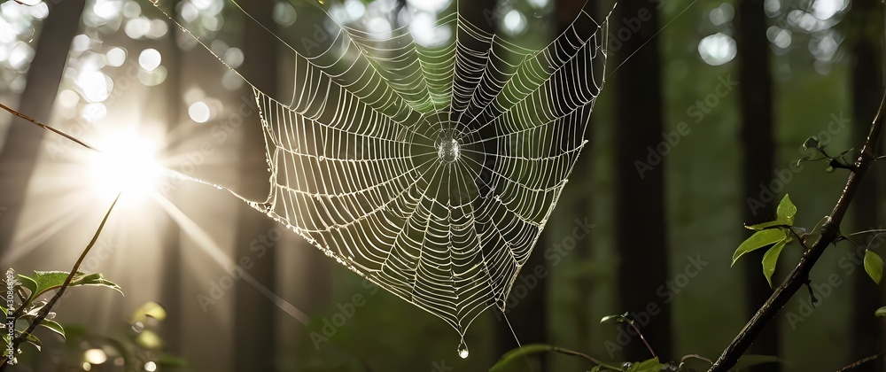 Spider web glittering with tiny dewdrops stretched between forest branches under soft early morning sun