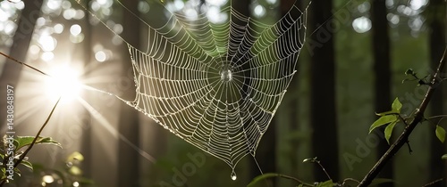 Obraz na płótnie Spider web glittering with tiny dewdrops stretched between forest branches under soft early morning sun w salonie