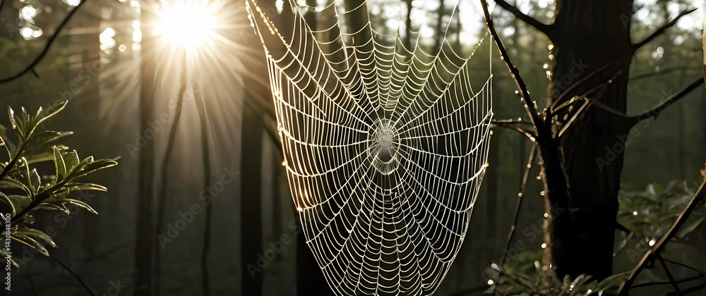 Spider web glittering with tiny dewdrops stretched between forest branches under soft early morning sun