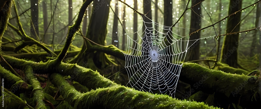 Spider web densely dotted with dew drops stretched between mossy branches sparkling in peaceful forest light