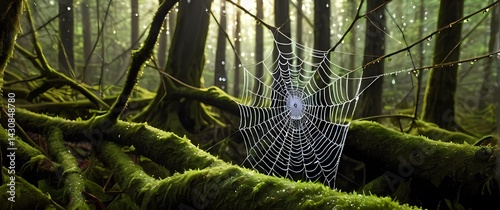 Obraz na płótnie Spider web densely dotted with dew drops stretched between mossy branches sparkling in peaceful forest light w salonie