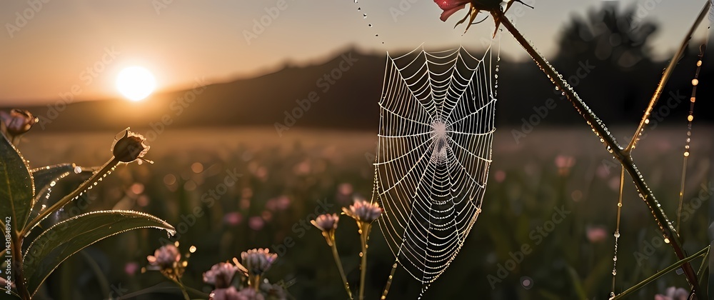 Spider web bejeweled with dewdrops stretched between flower stems shimmering in soft dawn light