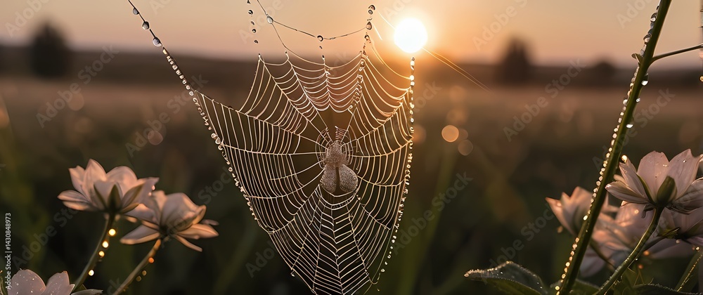 Spider web bejeweled with dewdrops stretched between flower stems shimmering in soft dawn light