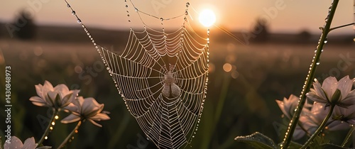 Obraz na płótnie Spider web bejeweled with dewdrops stretched between flower stems shimmering in soft dawn light w salonie