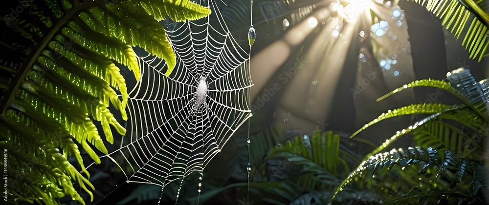 Spider web adorned with sparkling dew suspended amid tropical ferns in early morning light