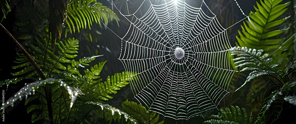 Spider web adorned with sparkling dew suspended amid tropical ferns in early morning light
