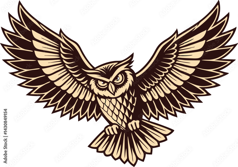 Fototapeta premium Majestic Owl in Flight Vector Art – Stylized Bird of Prey with Spread Wings, Piercing Eyes & Fantasy Inspired Design 