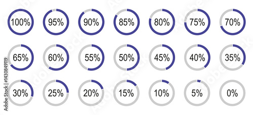 Percentage infographics elements. Round diagrams icons pattern for infographics from 0 to 100 percent. Lilac, grey color fill divided pie charts indicator layout. Circle graph loading progress mockup.