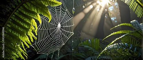 Obraz na płótnie Spider web adorned with sparkling dew suspended amid tropical ferns in early morning light w salonie