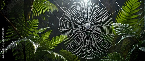 Obraz na płótnie Spider web adorned with sparkling dew suspended amid tropical ferns in early morning light w salonie