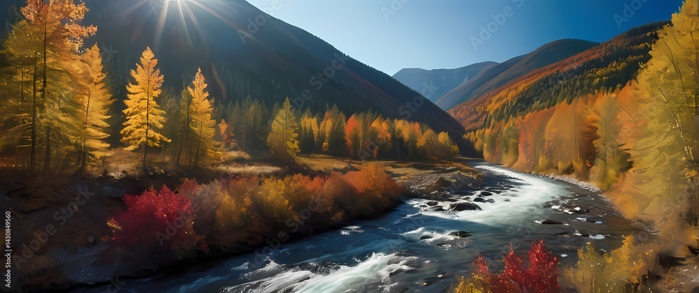 Spectacular wide shot of mountain river flowing through vibrant autumn forest under a radiant blue sky