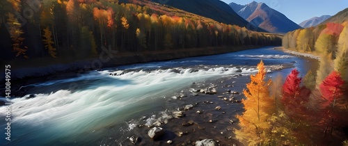 Obraz na płótnie Spectacular wide shot of mountain river flowing through vibrant autumn forest under a radiant blue sky w salonie