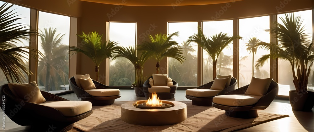 Spa setting with soft fabric chairs surrounded by potted palms and large windows filtering warm light