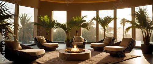 Spa setting with soft fabric chairs surrounded by potted palms and large windows filtering warm light
