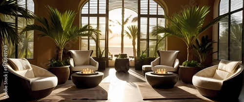 Obraz na płótnie Spa setting with soft fabric chairs surrounded by potted palms and large windows filtering warm light w salonie