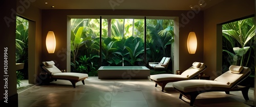 Obraz na płótnie Spa room with contemporary chairs facing a window wall overlooking lush tropical garden bathed in soft light w salonie