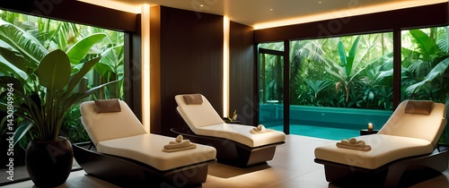 Spa room with contemporary chairs facing a window wall overlooking lush tropical garden bathed in soft light