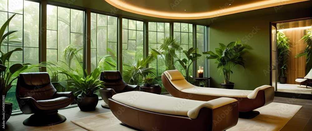 Spa room bathed in warm light with chic cushioned recliners and towering green leafy plants by wide glass windows
