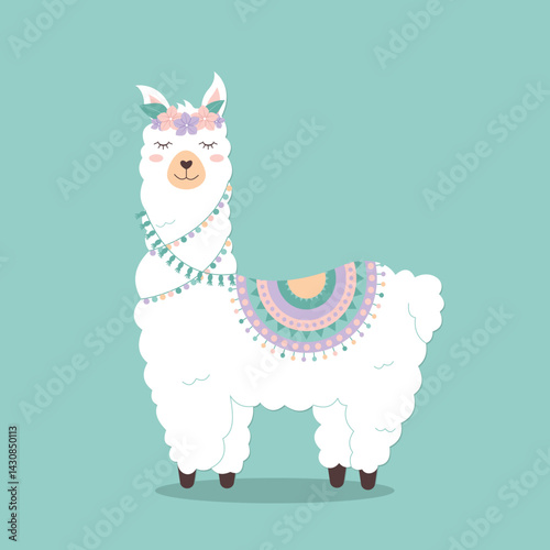 Cute white llama with a floral crown and colorful blanket on a teal background. Adorable cartoon style, perfect for nursery prints, kids' products, and greeting cards.


