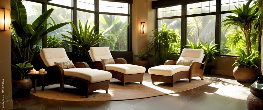 Spa retreat corner featuring comfy lounge chairs and lush tropical potted plants bathed in natural daylight